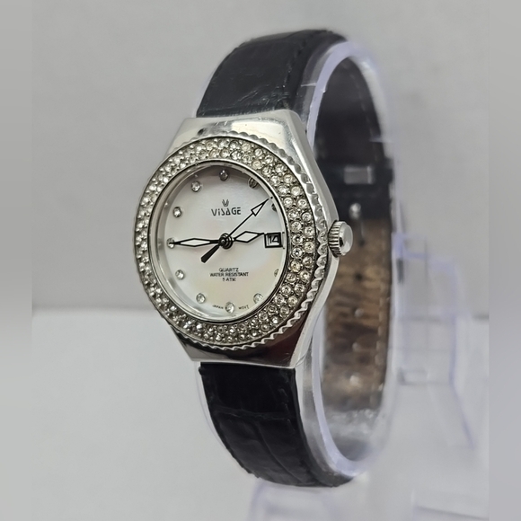 Womens Visage Silver Tone MOP Pave Crystal Quartz Date 30MM Watch New Battery - Picture 2 of 12
